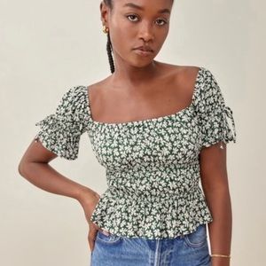 Reformation Smocked Green Floral Off the Shoulder Midori Top Womens Size XL NWT